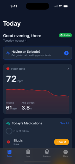 The Today screen: a heart rate of 72 bpm with a line chart of the day, resting heart rate 61 bpm, AFib burden 3.8 percent, and a list of today's medications showing none of three taken yet.