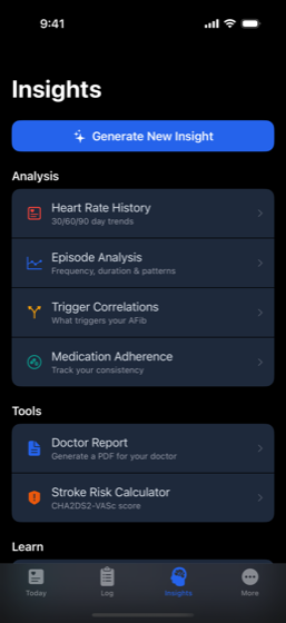 The Insights screen listing analysis tools: heart rate history, episode analysis, trigger correlations, medication adherence, doctor report and a stroke risk calculator.